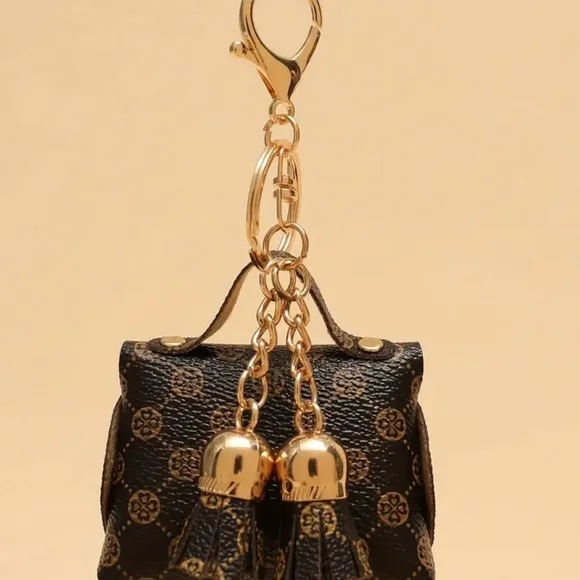 Elegant Earbud Miniture Handbag Carring Case Brown and Goldtone Keychain - Picture 5 of 8